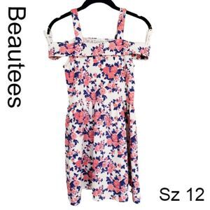 Girls Beautees Sz 12 Off-Shoulder Floral Print Dress White Pink & Blue